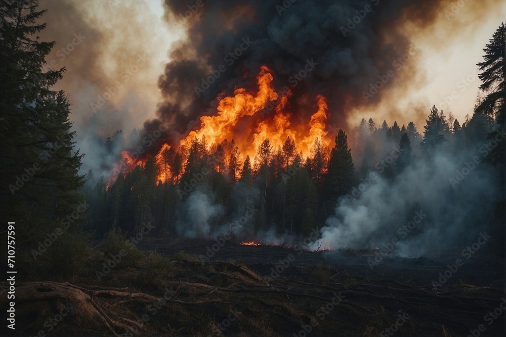 Forest fire: massive flames, thick smoke, natural disaster