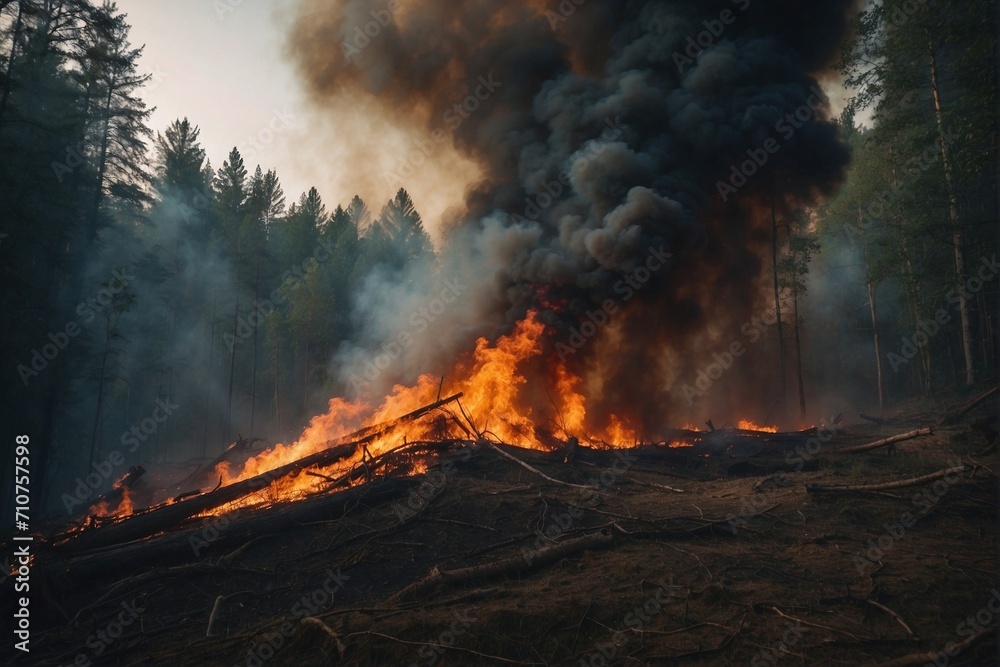 Forest fire: massive flames, thick smoke, natural disaster