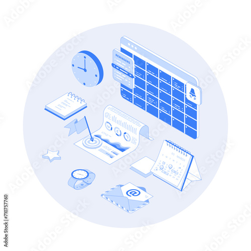 Planning schedule and calendar. Time management, work planning organization application. Reminders of meeting, event. Vector outline illustration with isometry scene for web graphic