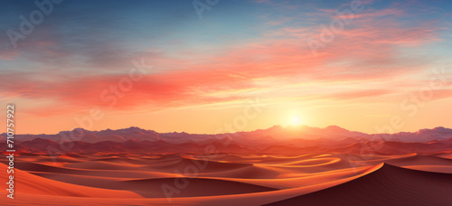 Sunrise over sunset against the sand dunes, of a red desert landscapes. sand dune knoll with a stunning desert sunset backdrop, background. photo