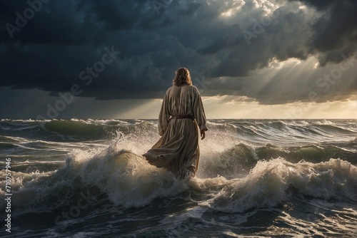 A young man in the likeness of Jesus Christ walks on the sea against the sun and sky photo