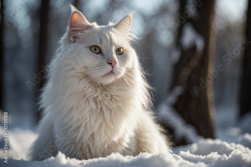 A white fluffy gorgeous cat is sitting on the snow in a winter forest