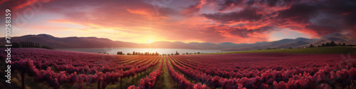 French sunset in the vineyards with grapes and mountains. Landscape vista photo