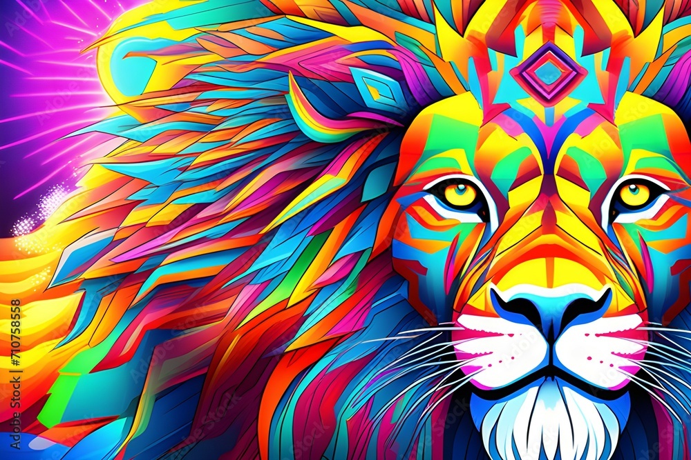 Vibrant colors, intricate patterns, and a psychedelic lion face converge in a mind-bending journey of expanded perception. DMT-inspired artwork. .