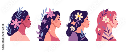 A set of portraits of beautiful women with flowers in their hair. Side view of the girls. International Women's Day.