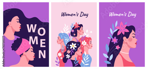 A set of postcards. beautiful women with flowers in their hair. Side view of the girls. International Women's Day. Equality and feminism