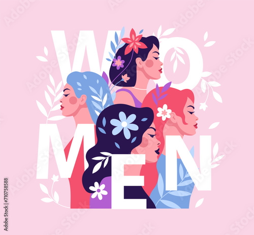 beautiful women with flowers in their hair. Side view of the girls. International Women's Day. Equality and feminism