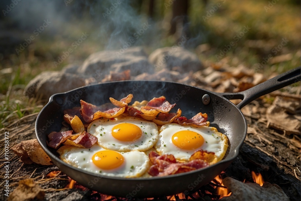 Fried eggs and bacon on a picnic in the autumn forest on a sunny meadow Fried eggs and bacon on a picnic in the autumn forest on a sunny meadow