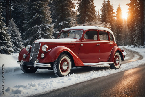 Red vintage rare festive car driving through snowy winter forest, festive concept © alexx_60