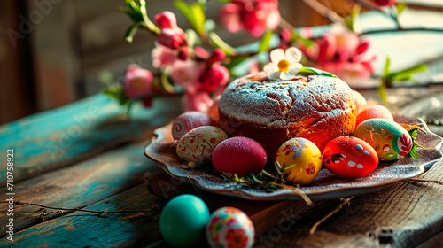 Easter cake and eggs on the table. Selective focus.