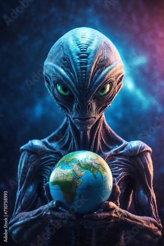 Angry enormous alien holding Earth globe, concept of extraterrestrial intelligence