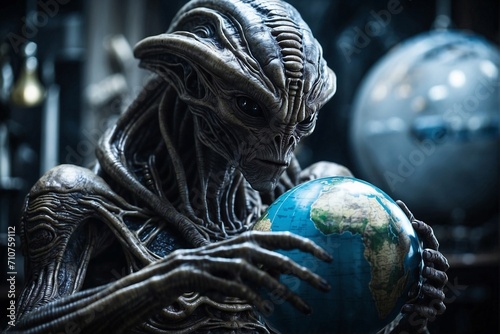 Angry enormous alien holding Earth globe, concept of extraterrestrial intelligence