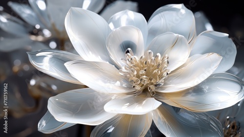  a close up of a white flower with lots of water droplets on it's petals and a black background.