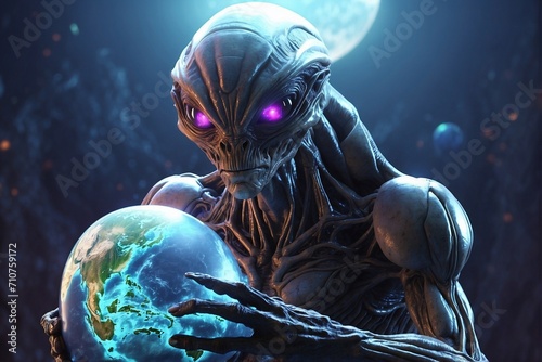Angry enormous alien holding Earth globe, concept of extraterrestrial intelligence