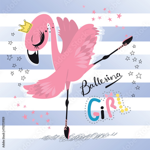 Beautiful flamingo ballerina wearing crown in pose on striped background illustration vector.