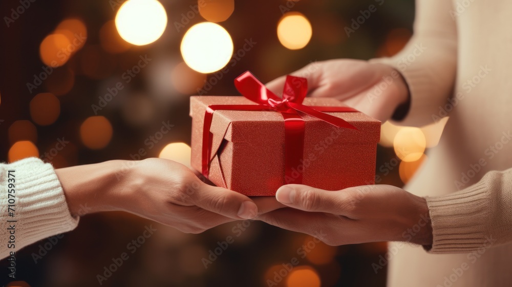  a person holding a red gift box with a red ribbon on it and another person holding a red box with a red ribbon on it.