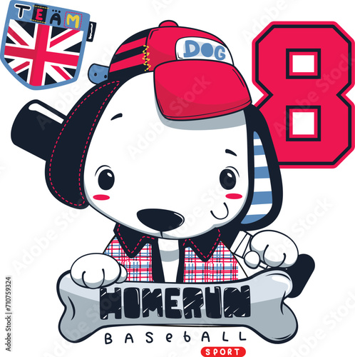 Cute cartoon dog boy wearing red cap and holding bat in baseball theme isolated on white background illustration vector, T-shirt design for kids.