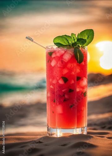 watermelon mojito with mint on the beach