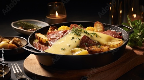  a pan filled with meat and cheese on top of a wooden cutting board next to a bowl of potatoes and a glass of wine.