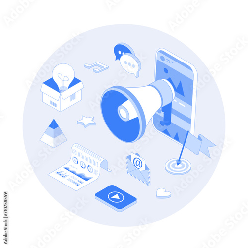 Digital Marketing, social network and media communication. Analysis, targeting, management. Vector outline illustration with isometry scene for web graphic