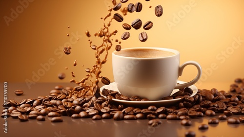 White coffee cup with splashes, flying beans, and ample copy space on beige gradient background