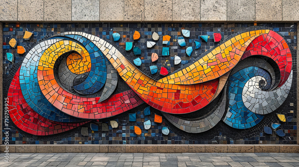 An intricately designed Arabic calligraphy artwork, gracefully adorning a vibrant mosaic wall, the elegant curves and bold strokes forming a captivating visual representation of th