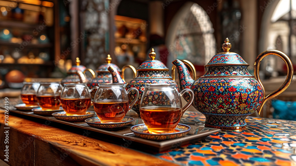A traditional Arabic tea ceremony, with ornate teapots and delicate glassware set against a backdrop of intricate geometric patterns, capturing the cultural richness and hospitalit