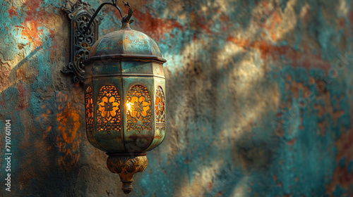 A close-up of an ornate Arabic lantern, casting intricate shadows on a textured wall, the warm and inviting glow embodying the timeless elegance and craftsmanship synonymous with A photo
