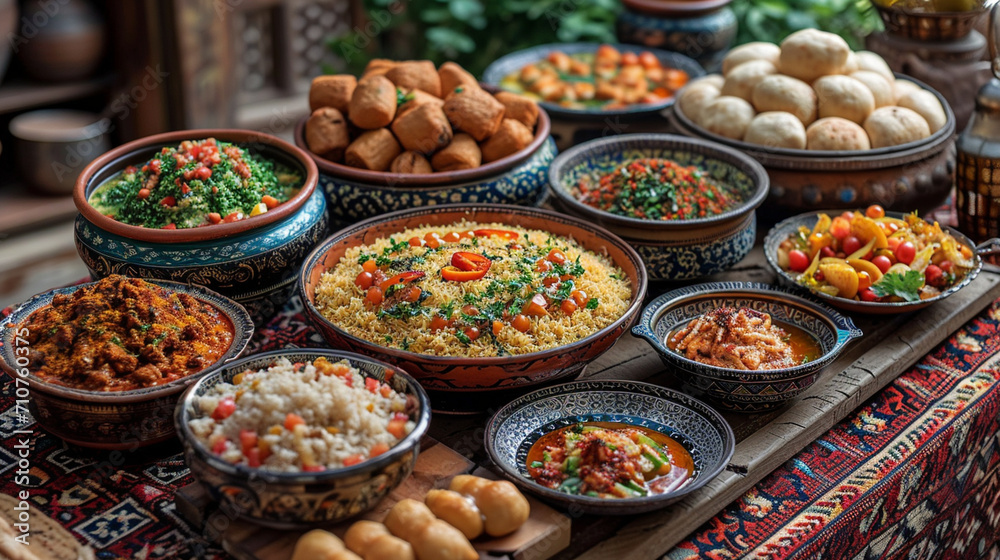 An artistic display of Arabic culinary delights, with a variety of colorful and aromatic dishes, rich in flavors and textures, arranged on a beautifully patterned tablecloth, showc