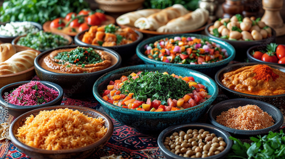 An artistic display of Arabic culinary delights, with a variety of colorful and aromatic dishes, rich in flavors and textures, arranged on a beautifully patterned tablecloth, showc