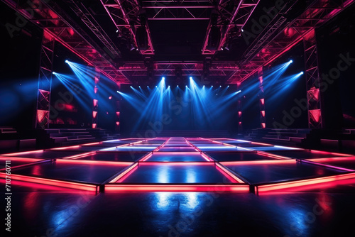 Dark empty room, stage, pink and blue neon spotlights, smoke, night view, colored rays. Copy space.
