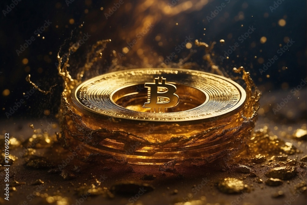 Golden Bitcoin coin against golden storm, explosive growth in the cryptocurrency market Golden Bitcoin coin against golden storm, explosive growth in the cryptocurrency market