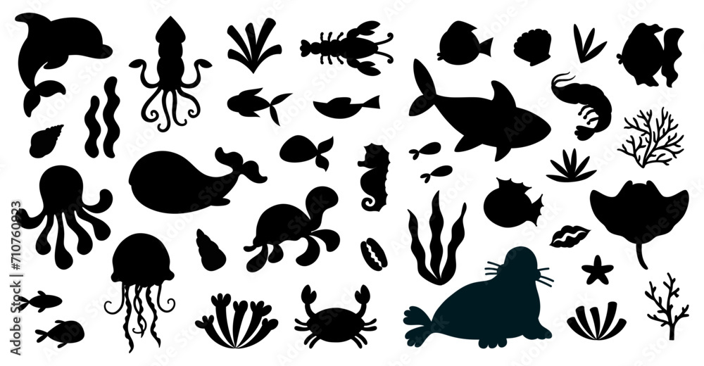 Set of black silhouette isolated marine animals in cartoon style. Sea life, ocean design elements for printing, poster, card. Set of black silhouette isolated marine animals in cartoon style. Sea life, ocean design elements for printing, poster, card.
