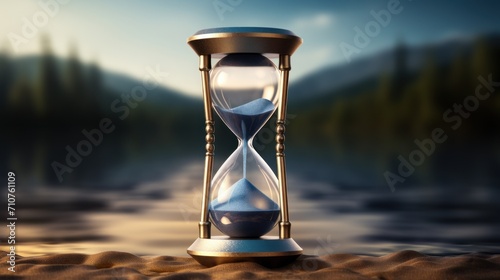  an hourglass sitting on top of a sandy beach next to a body of water with trees in the background. © Anna