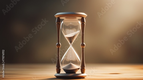  an hourglass sitting on a wooden table with a light shining in the background and a blurry image of an hourglass in the foreground.