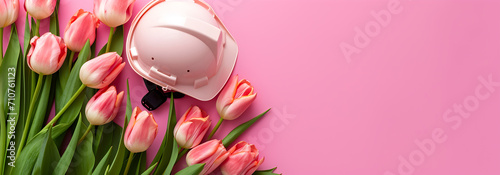 Pink construction helmet and tulips on a soft pink background. Concept for Women's Day, Valentine's Day and construction business Copy space. Banner. Mock up photo