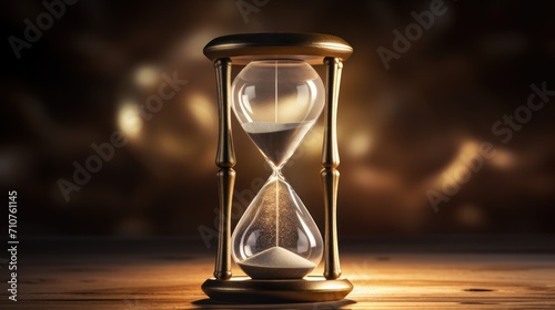  an hourglass sitting on top of a wooden table next to a blurry image of a person in the background.
