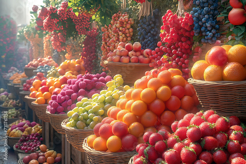A mix of various fruits, like apples, oranges, and berries, background of a market stal