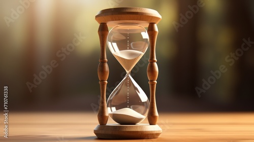  an hourglass sitting on a wooden table with sunlight coming through the trees in the background of the picture.