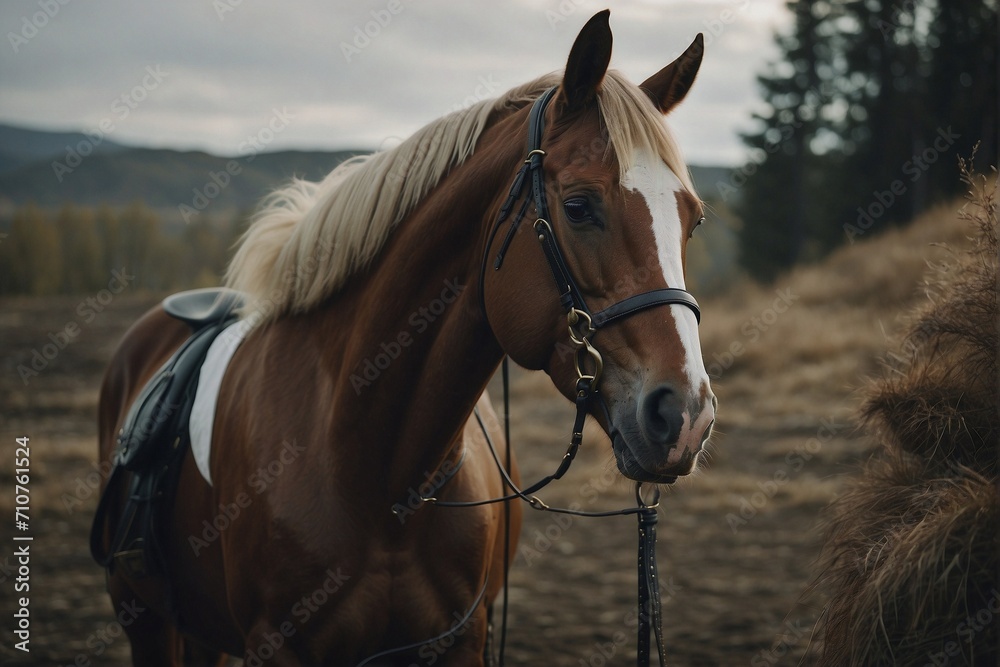 Purebred steed with saddle and bridle in nature Purebred steed with saddle and bridle in nature