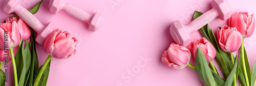 Pink tulips and dumbbells on a soft pink background. Concept of sport, fitness, Women's Day and Valentine's Day. Copy space. Banner.