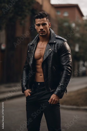 Shirtless Man in Black Leather Jacket Poses Confidently for the Camera. Generative AI.