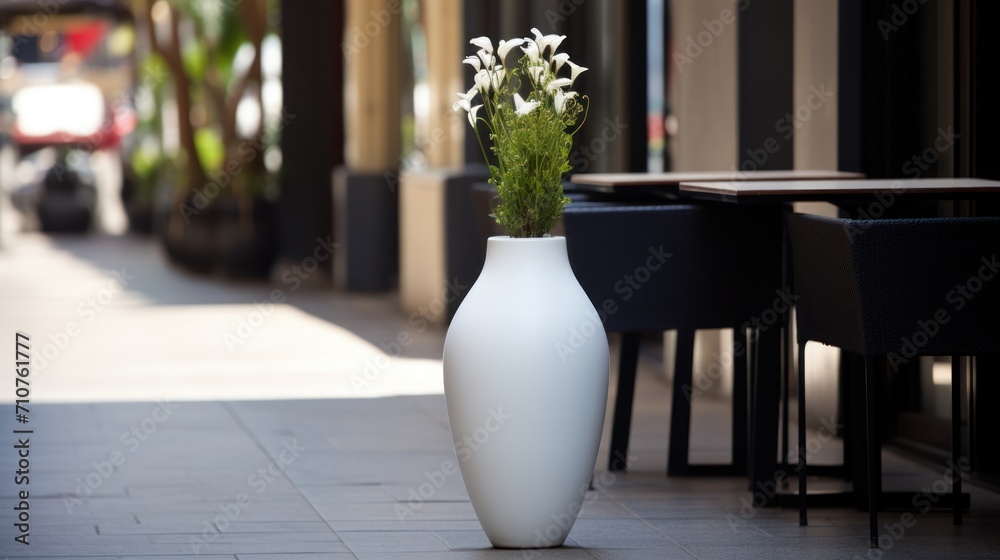  a white vase filled with white flowers sitting on top of a tiled floor next to a table with black chairs.