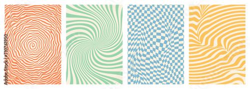 Twisted and distorted vector groovy hippie background. Waves, swirl, twirl pattern. Set of backgrounds in trendy retro psychedelic style. Vector illustration