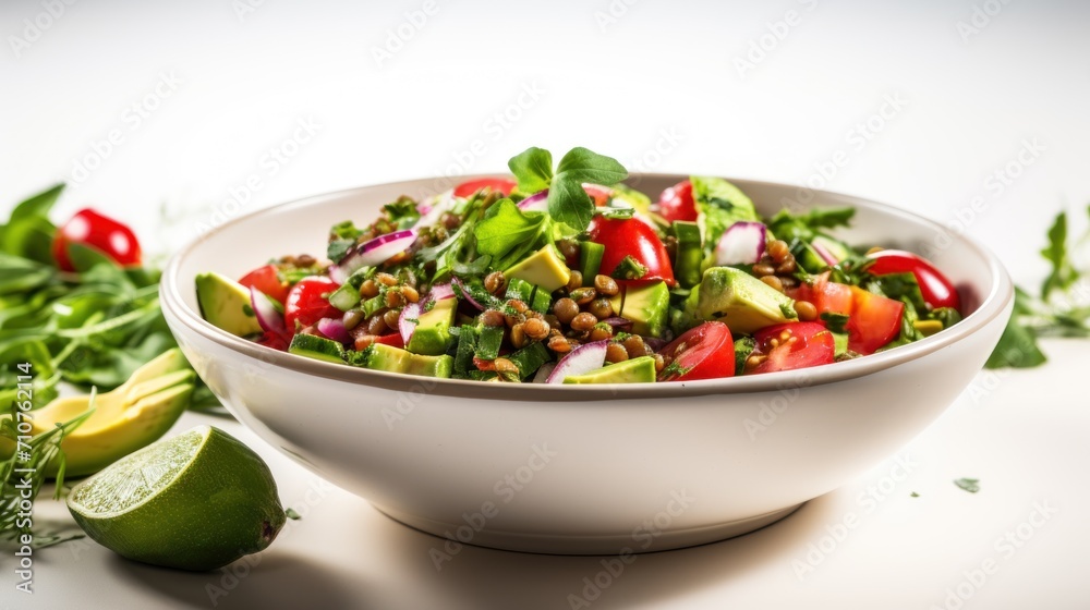 a white bowl filled with a salad on top of a table next to a green leafy garnish.