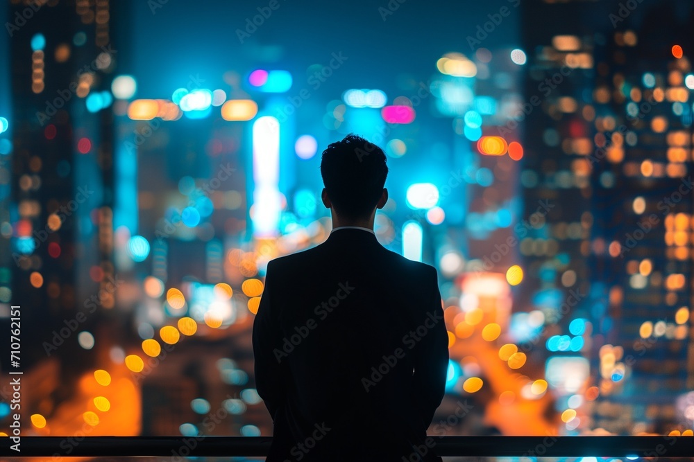 A portrait man with black suit behind looking for night town building top views. A portrait man with black suit behind looking for night town building top views.