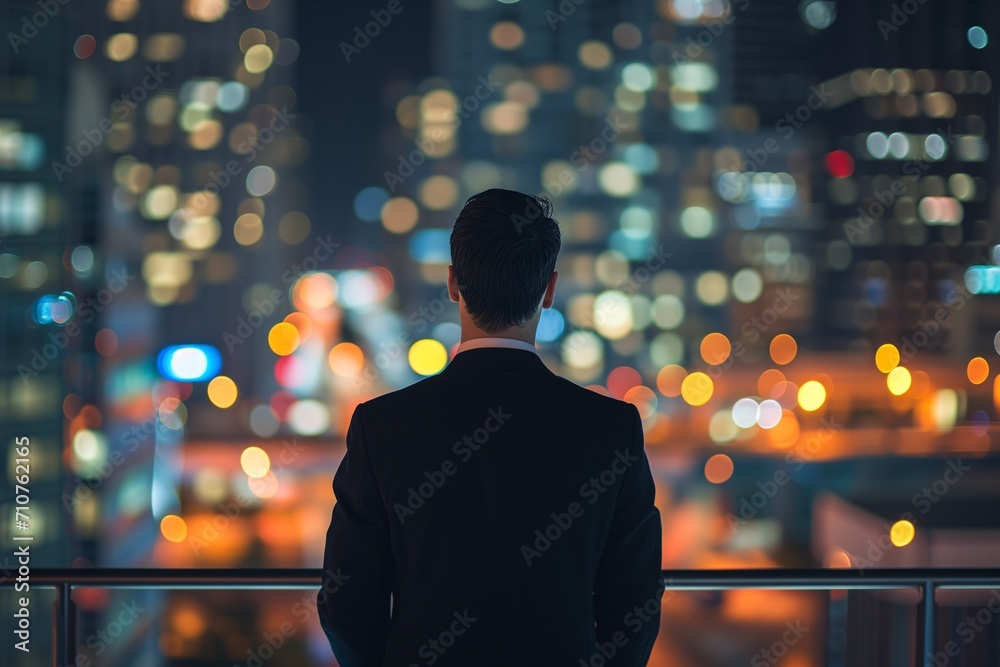 A portrait man with black suit behind looking for night town building top views.