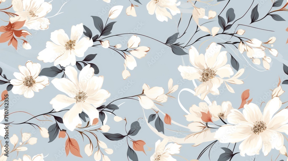 a blue and white floral wallpaper with red, white, and grey flowers on a light blue background with black leaves.