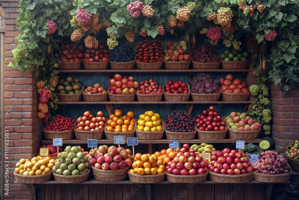 A mix of various fruits, like apples, oranges, and berries,  background of a market stal