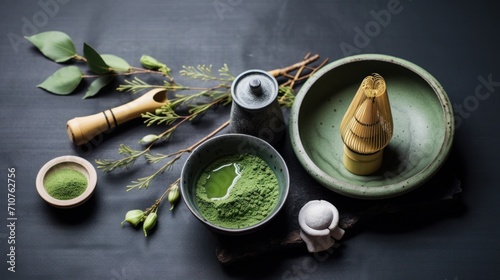  a table topped with bowls and cups filled with green liquid and a whisk on top of a plate. photo